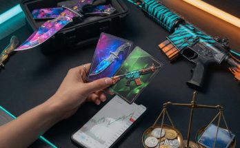 Photographic gaming desk illustrating CS2 KeyDrop skins strategy with case, charts, coins
