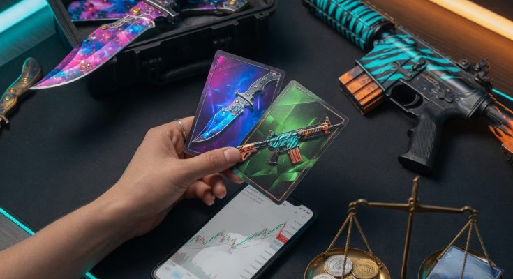 Photographic gaming desk illustrating CS2 KeyDrop skins strategy with case, charts, coins