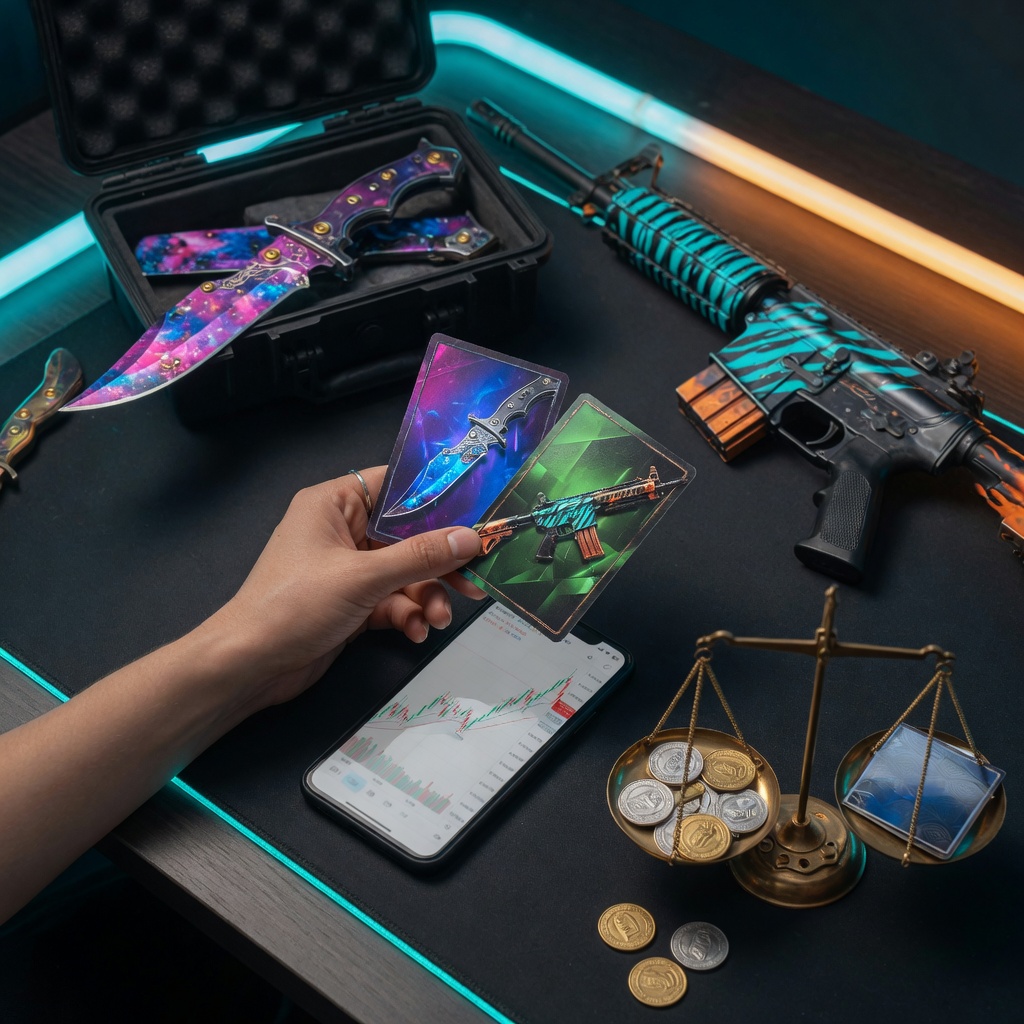 Photographic gaming desk illustrating CS2 KeyDrop skins strategy with case, charts, coins