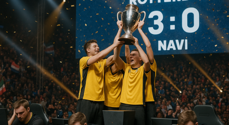 Team Vitality celebrate a 3-0 sweep over NAVI on the BLAST Open Rotterdam stage,