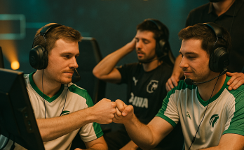 Falcons players calmly celebrate a 2–1 CS2 win over FURIA on stage as the