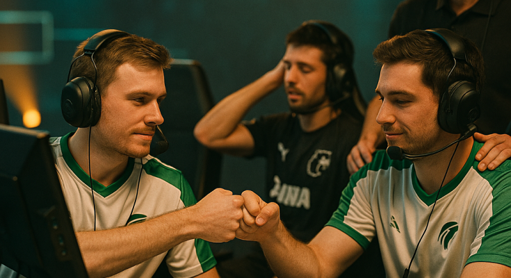 Falcons players calmly celebrate a 2–1 CS2 win over FURIA on stage as the
