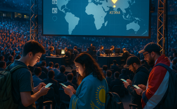Packed esports arena in Astana with fans and teams on stage, travel gear and