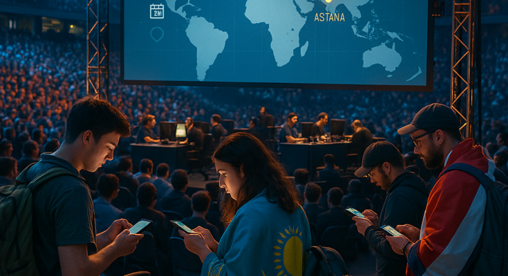 Packed esports arena in Astana with fans and teams on stage, travel gear and