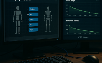 Dual-monitor gaming desk at night showing an ‘Animgraph 2 Beta’ node graph and downward