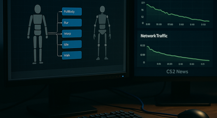 Dual-monitor gaming desk at night showing an ‘Animgraph 2 Beta’ node graph and downward
